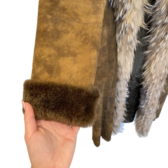 VTG Suede Penny Lane Finnraccoon & Shearling Lamb Fur Trench Coat - Picture 7 of 12